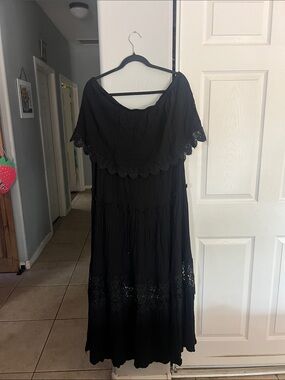 J for Justify Black Off-Shoulder Maxi Dress with Lace Trim